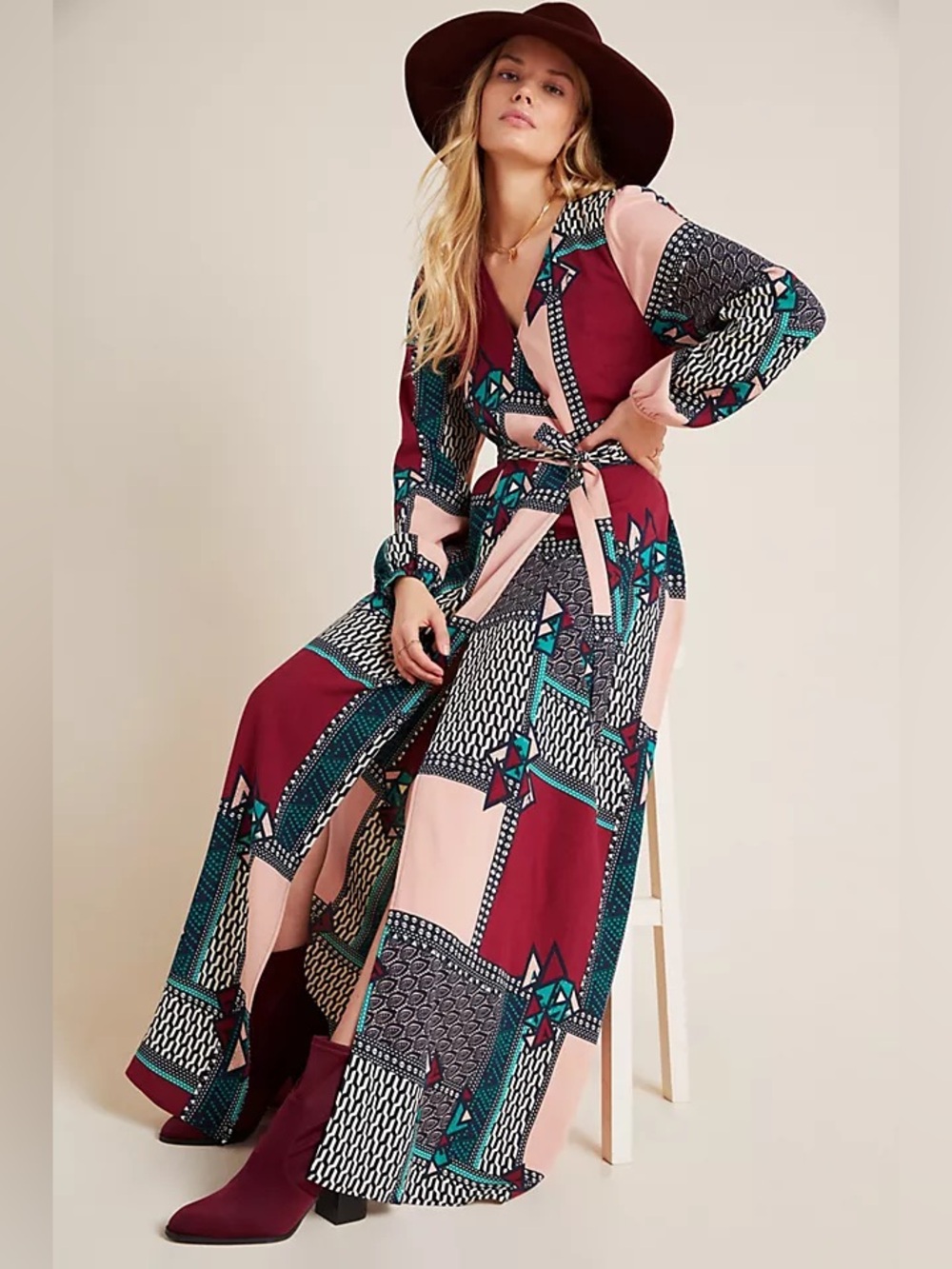 Anthropologie Porridge Virginia Wrap Maxi Dress L Burgundy Teal NWOT